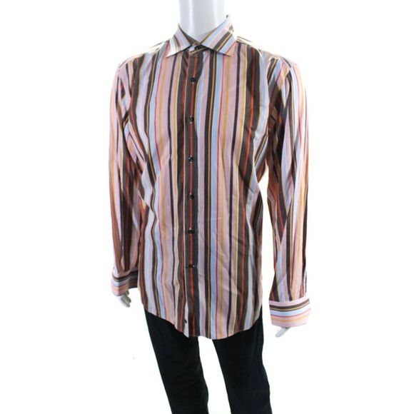 Etro Mens Pink Multicolor Striped Long Sleeve Button Down Dress Shirt Size 42 - Picture 2 of 5